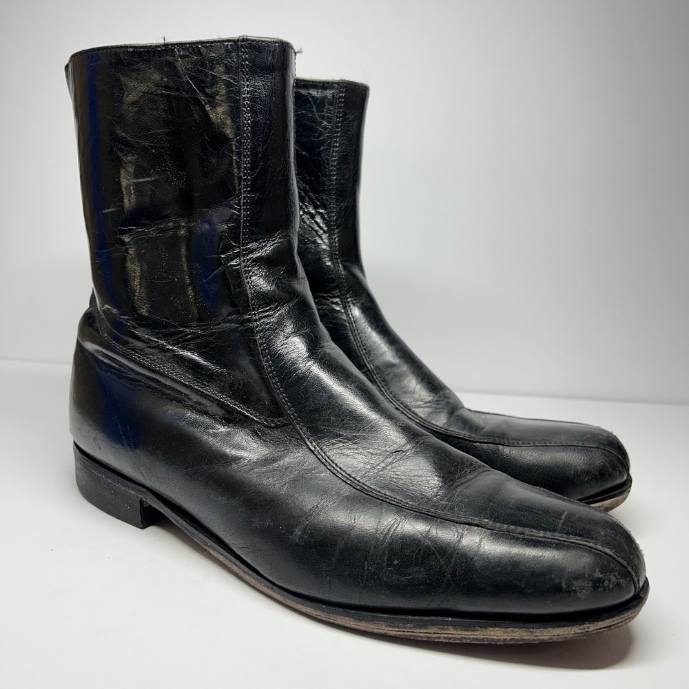 Nunn Bush Side Zip Boots Black Leather Mens 9.5 D Vintage Square Toe Dress Boots